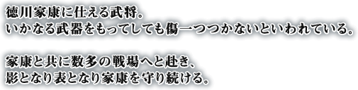 徳川家康に仕える武将。いかなる武器をもってしても傷一つつかないといわれている。家康と共に数多の戦場へと赴き、影となり表となり家康を守り続ける。