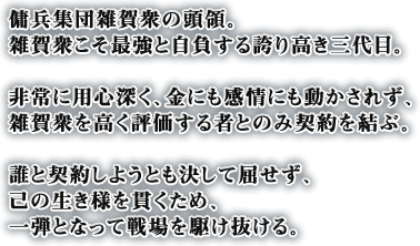 傭兵集団雑賀衆の頭領。雑賀衆こそ最強と自負する誇り高き三代目。非常に用心深く、金にも感情にも動かされず、雑賀衆を高く評価する者とのみ契約を結ぶ。誰と契約しようとも決して屈せず、己の生き様を貫くため、一弾となって戦場を駆け抜ける。