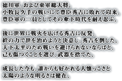 徳川軍、および東軍総大将。小牧長久手の戦いにて豊臣秀吉に敗れて以来、豊臣軍の一員としてその傘下時代を耐え忍ぶ。後に世界に戦火を広げる秀吉に反発、絆の力で世を治めようと決意し、秀吉を倒した。天下太平のため戦いを避けられないならばと、己も傷つくことを選び、武器を捨てた。成長した今も、誰からも好かれる人懐っこさと太陽のような明るさは健在。